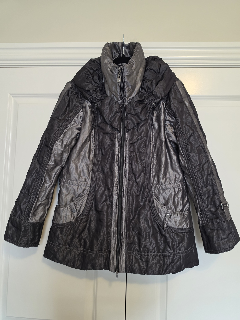CRISCA BIBA METALLIC PUFFER JACKET DOUBLE COLLAR GRAPHITE SIZE 42